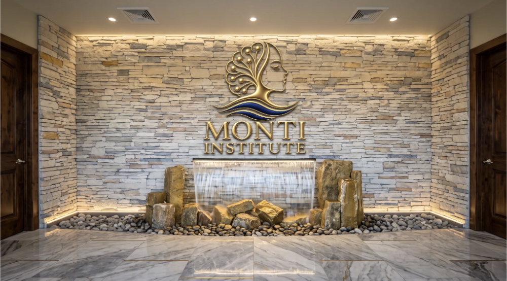 Monti Institute stone water feature and branded interior wall